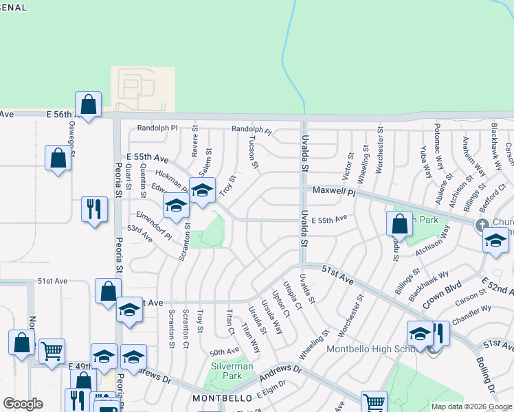 map of restaurants, bars, coffee shops, grocery stores, and more near 12955 East 55th Avenue in Denver