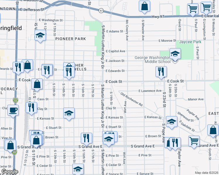 map of restaurants, bars, coffee shops, grocery stores, and more near 729 South 19th Street in Springfield