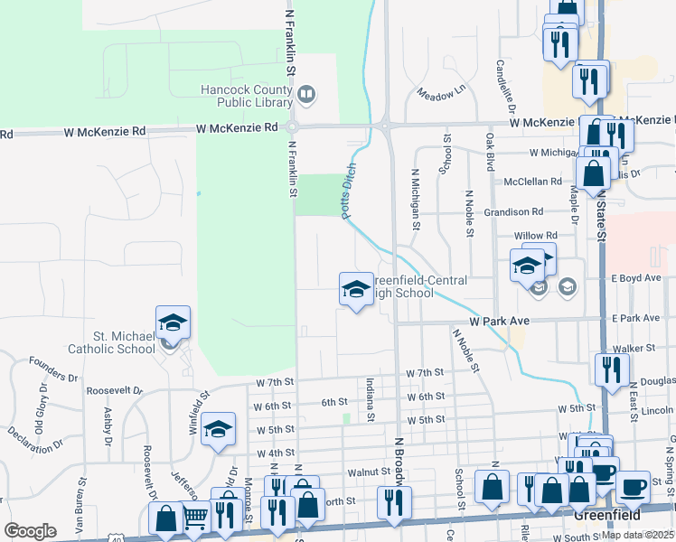 map of restaurants, bars, coffee shops, grocery stores, and more near 810 North Broadway Street in Greenfield