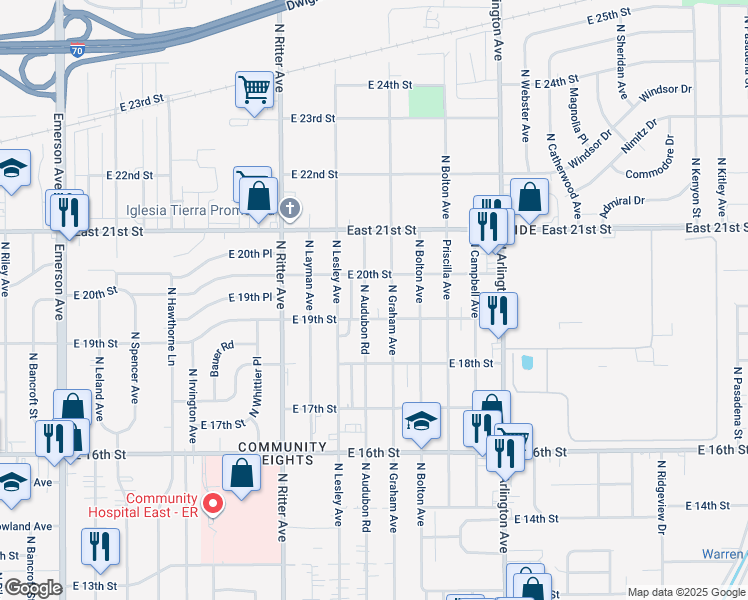 map of restaurants, bars, coffee shops, grocery stores, and more near 5730 East 19th Street in Indianapolis