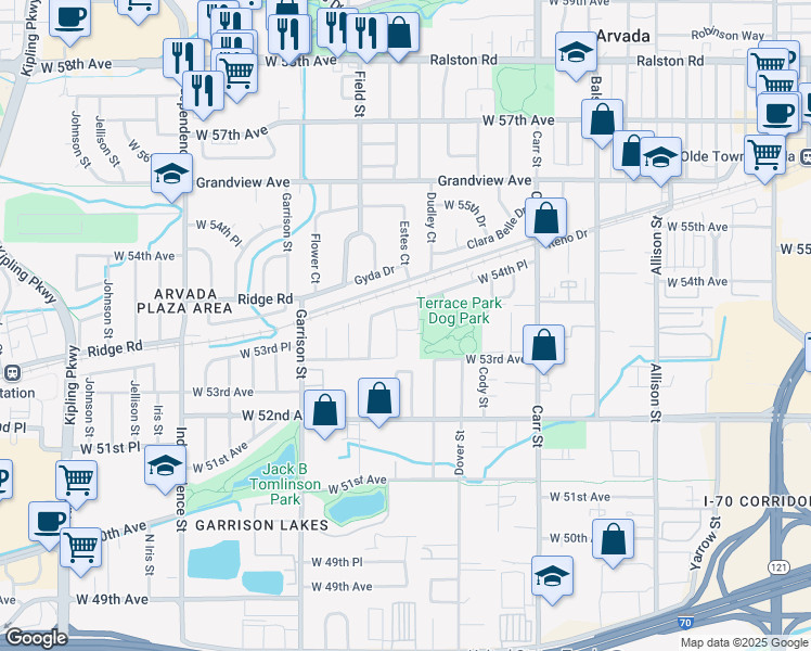 map of restaurants, bars, coffee shops, grocery stores, and more near 5379 Estes Street in Arvada