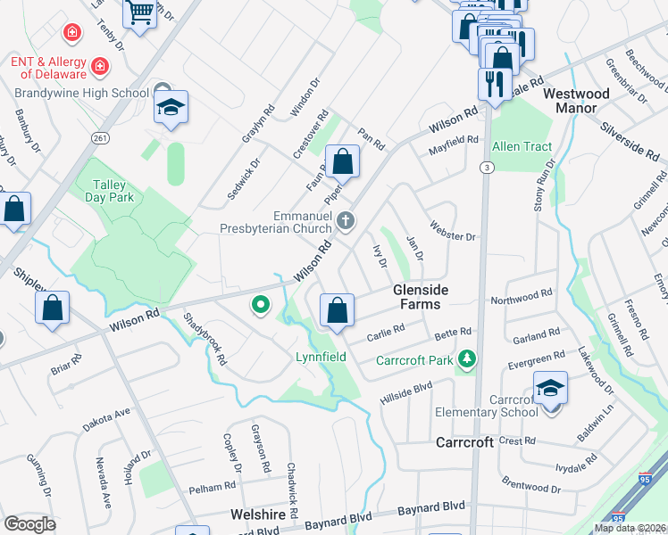 map of restaurants, bars, coffee shops, grocery stores, and more near 1139 Webster Drive in Wilmington