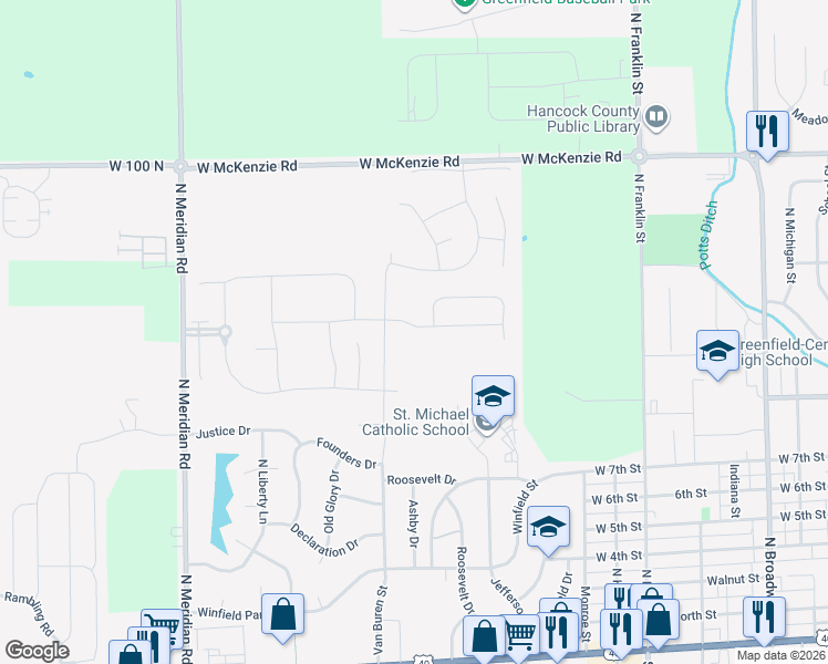 map of restaurants, bars, coffee shops, grocery stores, and more near 610 Jefferson Boulevard in Greenfield