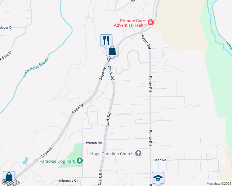 map of restaurants, bars, coffee shops, grocery stores, and more near 7174 Clark Road in Paradise