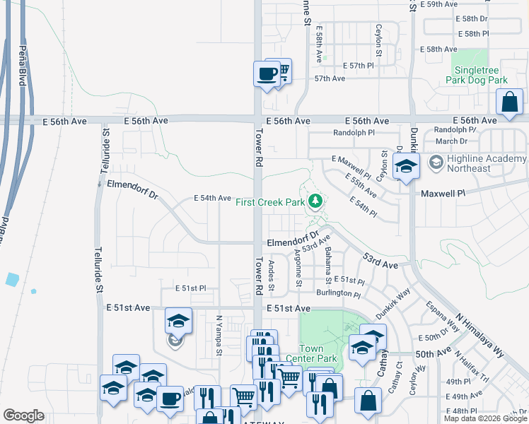 map of restaurants, bars, coffee shops, grocery stores, and more near 5360 North Andes Street in Denver