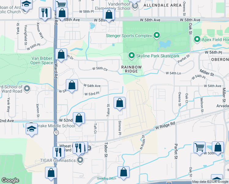 map of restaurants, bars, coffee shops, grocery stores, and more near 11741 West 52nd Avenue in Wheat Ridge