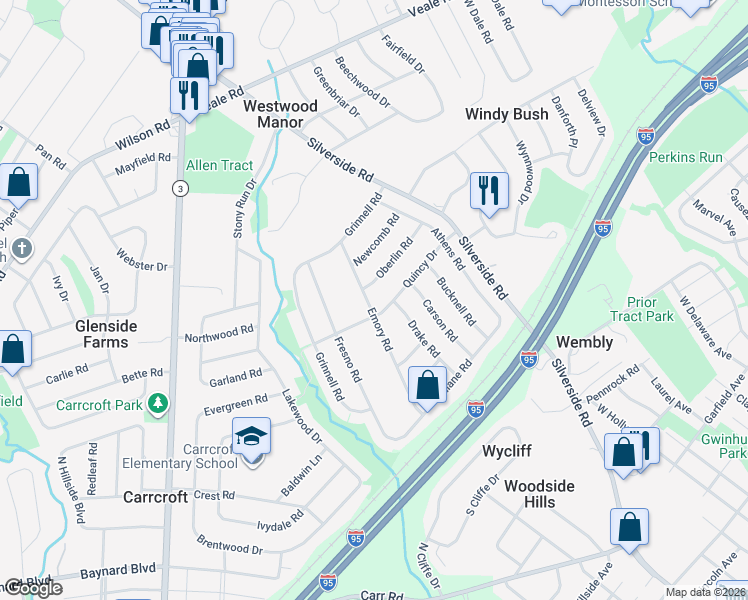 map of restaurants, bars, coffee shops, grocery stores, and more near 1302 Quincy Drive in Wilmington