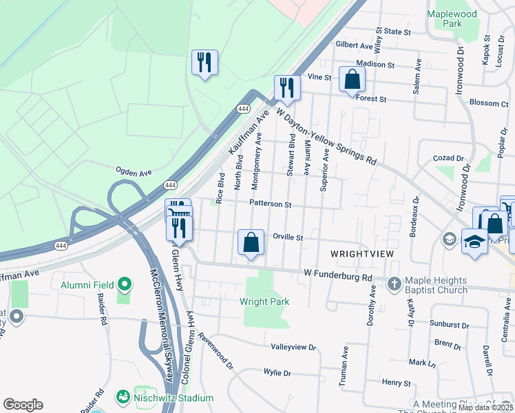 map of restaurants, bars, coffee shops, grocery stores, and more near 1823 Montgomery Avenue in Fairborn