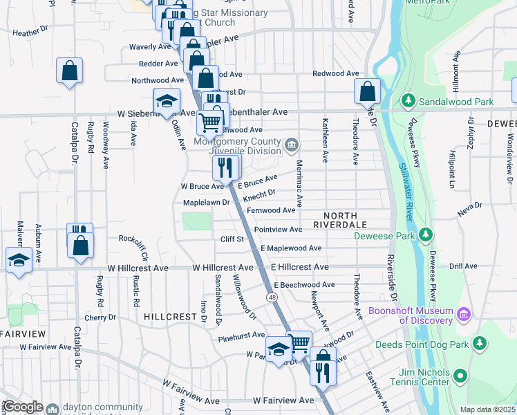 map of restaurants, bars, coffee shops, grocery stores, and more near 24 Fernwood Avenue in Dayton