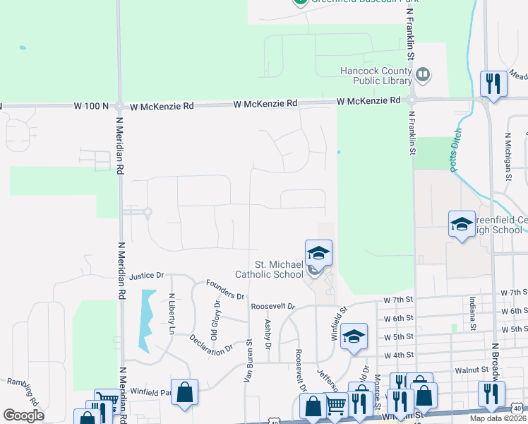 map of restaurants, bars, coffee shops, grocery stores, and more near 657 Van Buren Street in Greenfield