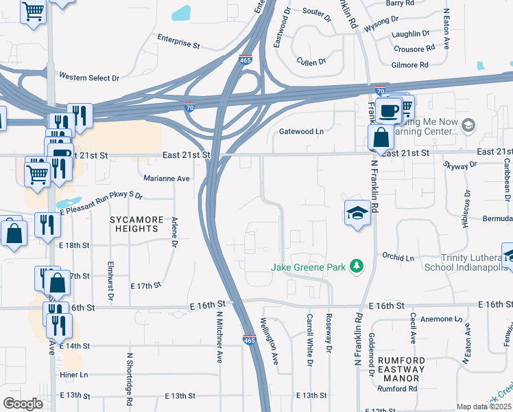 map of restaurants, bars, coffee shops, grocery stores, and more near 1910 Wellesley Boulevard in Indianapolis