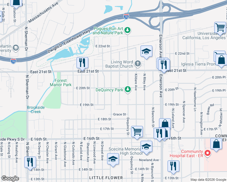 map of restaurants, bars, coffee shops, grocery stores, and more near 1924 Wallace Avenue in Indianapolis