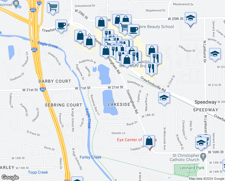 map of restaurants, bars, coffee shops, grocery stores, and more near 19 High Eagle Trail in Speedway