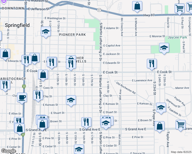 map of restaurants, bars, coffee shops, grocery stores, and more near 807-821 South 17th Street in Springfield
