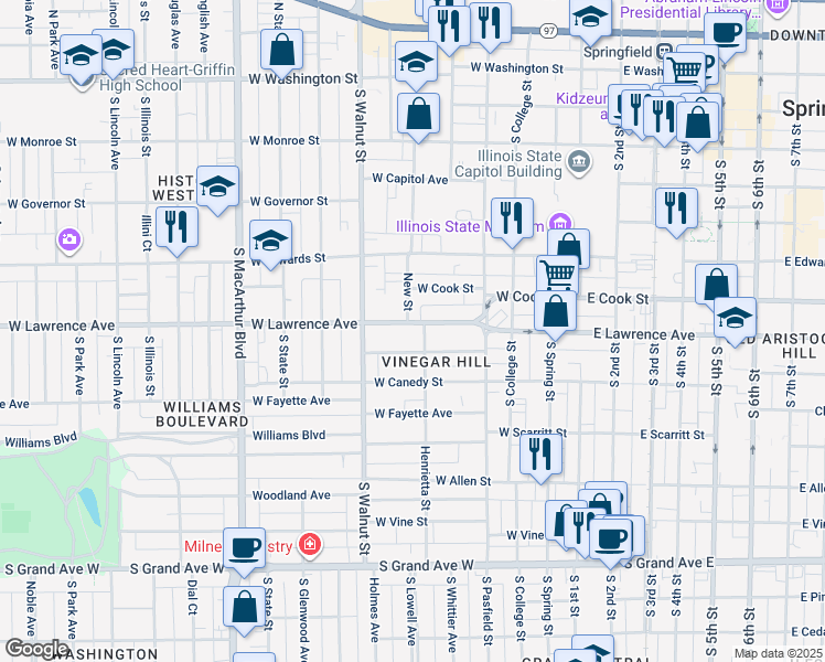 map of restaurants, bars, coffee shops, grocery stores, and more near 825 Henrietta Street in Springfield