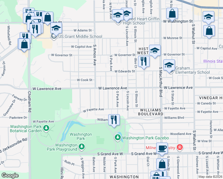 map of restaurants, bars, coffee shops, grocery stores, and more near 817 South Park Avenue in Springfield