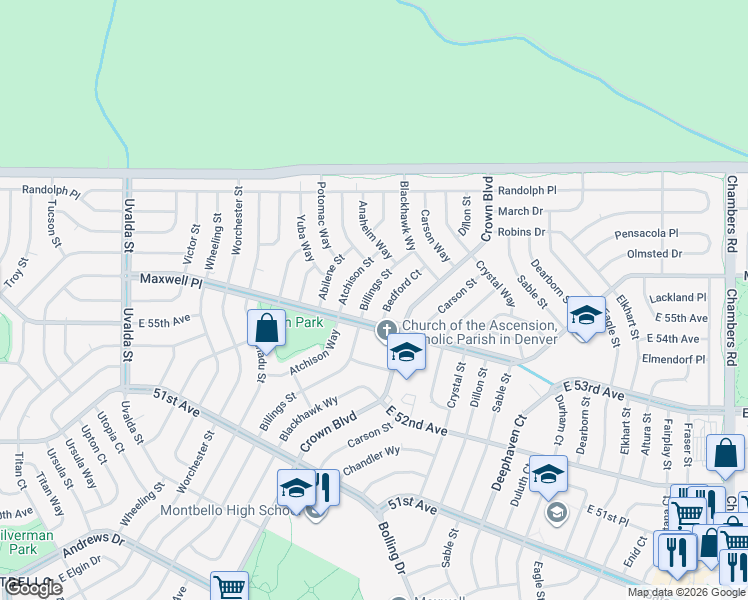 map of restaurants, bars, coffee shops, grocery stores, and more near 5533 Bedford Court in Denver