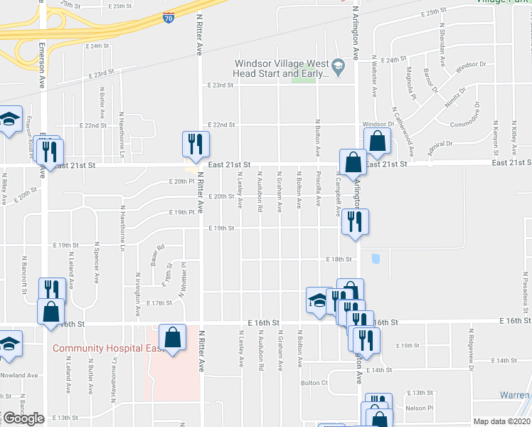map of restaurants, bars, coffee shops, grocery stores, and more near 1919 North Audubon Road in Indianapolis