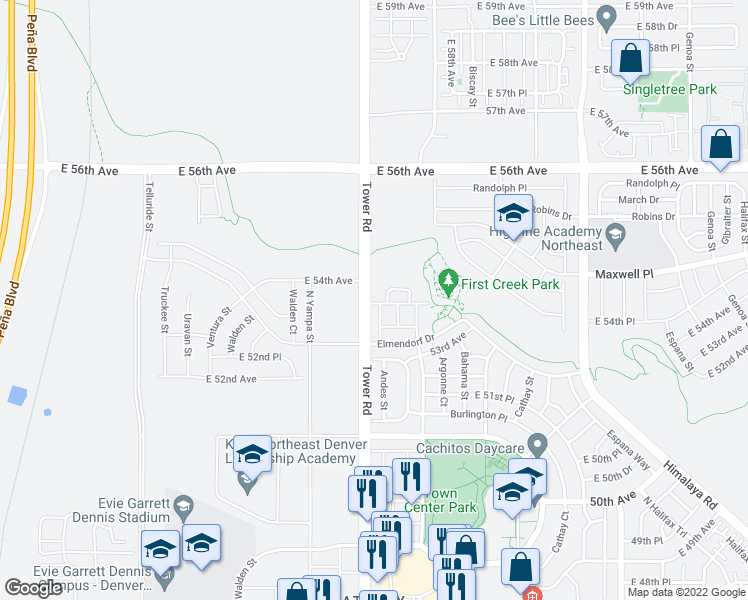 map of restaurants, bars, coffee shops, grocery stores, and more near 5360 North Andes Street in Denver