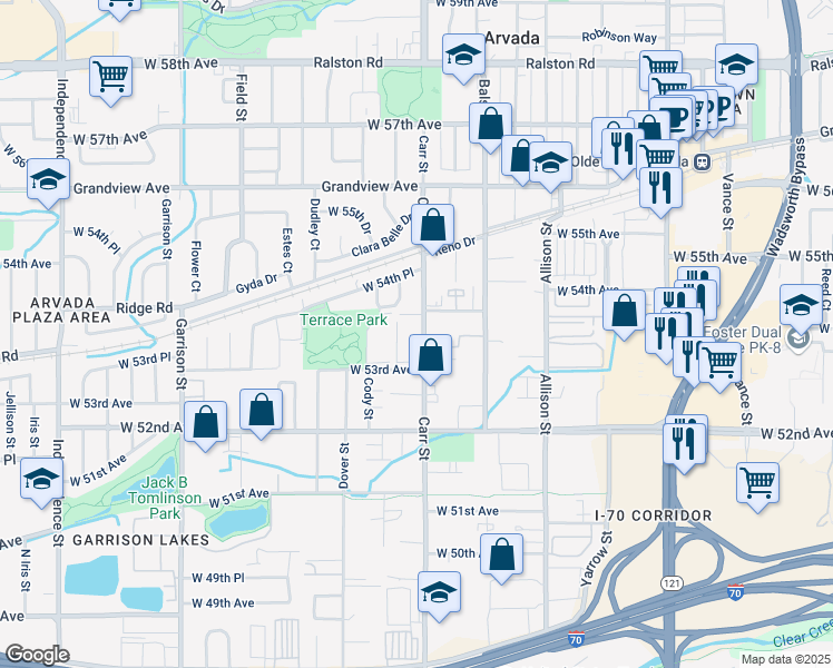 map of restaurants, bars, coffee shops, grocery stores, and more near 5383 Carr Street in Arvada