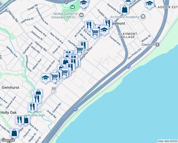 map of restaurants, bars, coffee shops, grocery stores, and more near 9 Grubbs Landing Road in Claymont
