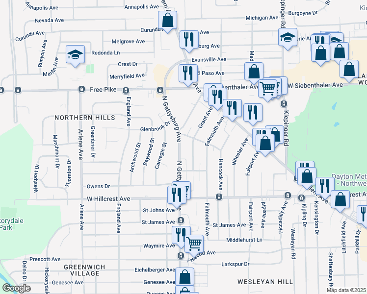 map of restaurants, bars, coffee shops, grocery stores, and more near 2634 North Gettysburg Avenue in Dayton
