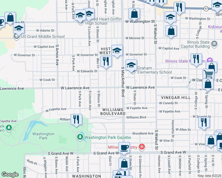 map of restaurants, bars, coffee shops, grocery stores, and more near 818 South Douglas Avenue in Springfield