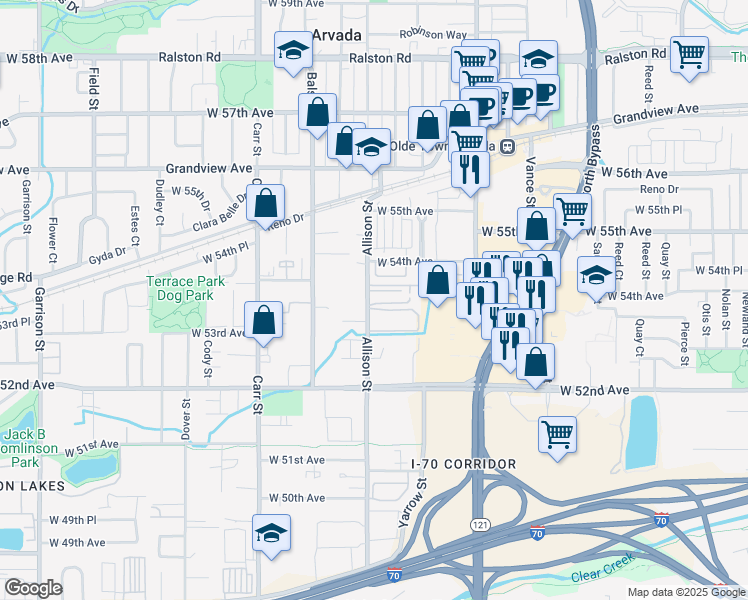 map of restaurants, bars, coffee shops, grocery stores, and more near 5352 Allison Street in Arvada
