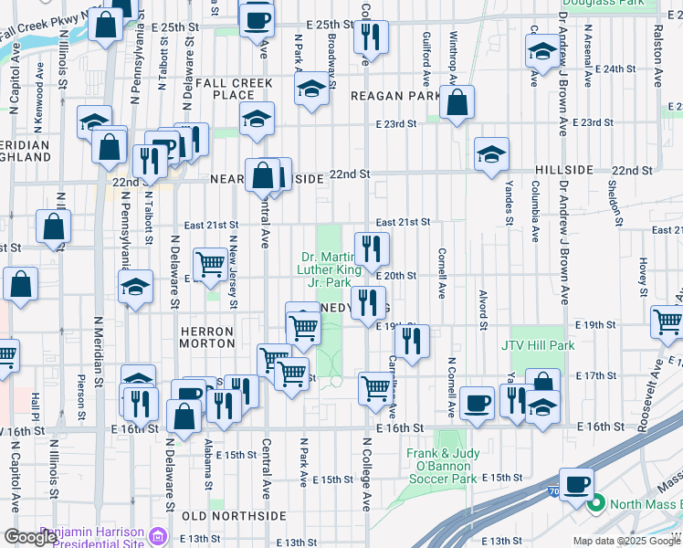 map of restaurants, bars, coffee shops, grocery stores, and more near 1422 Broadway Street in Indianapolis
