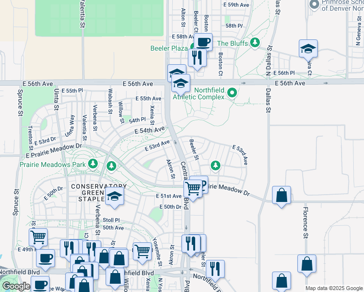 map of restaurants, bars, coffee shops, grocery stores, and more near 5280 Central Park Boulevard in Denver