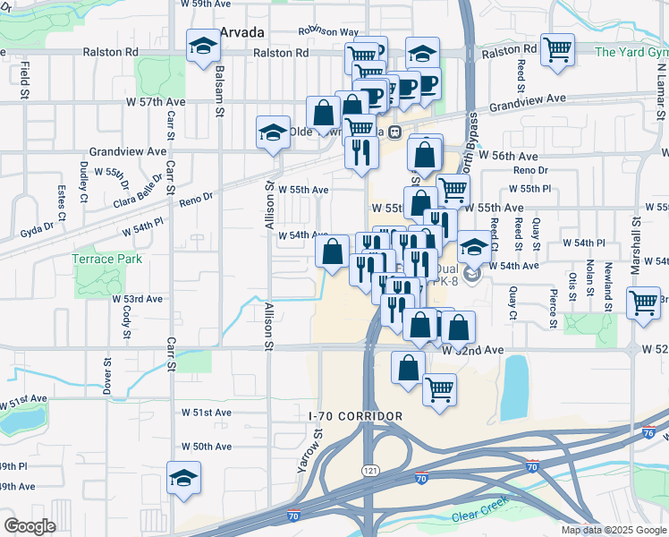 map of restaurants, bars, coffee shops, grocery stores, and more near 5275 Wadsworth Bypass in Arvada