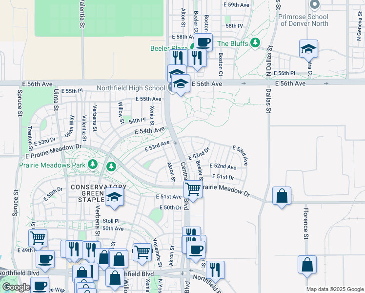 map of restaurants, bars, coffee shops, grocery stores, and more near 5280 Central Park Boulevard in Denver