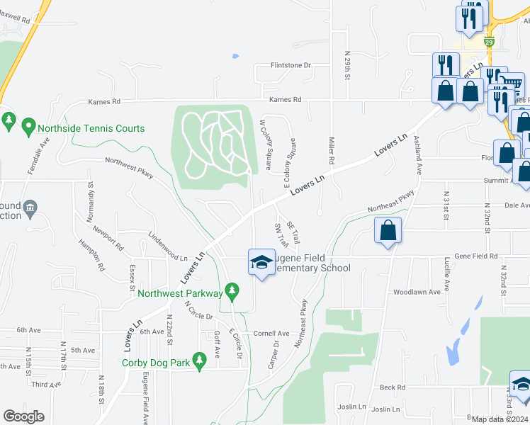map of restaurants, bars, coffee shops, grocery stores, and more near 2616 Lovers Lane in St. Joseph
