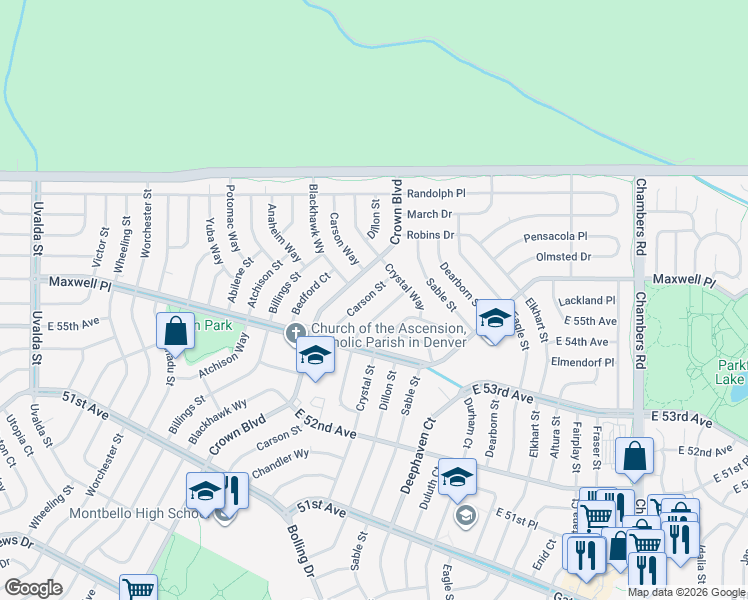 map of restaurants, bars, coffee shops, grocery stores, and more near 5509 Chandler Court in Denver