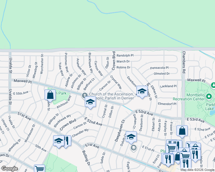 map of restaurants, bars, coffee shops, grocery stores, and more near 5509 Chandler Court in Denver