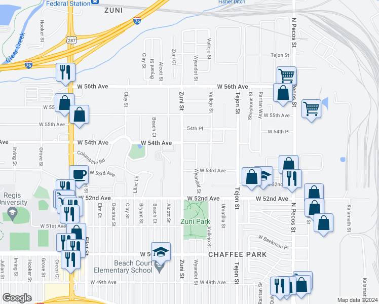 map of restaurants, bars, coffee shops, grocery stores, and more near 5321 Wyandot Street in Denver