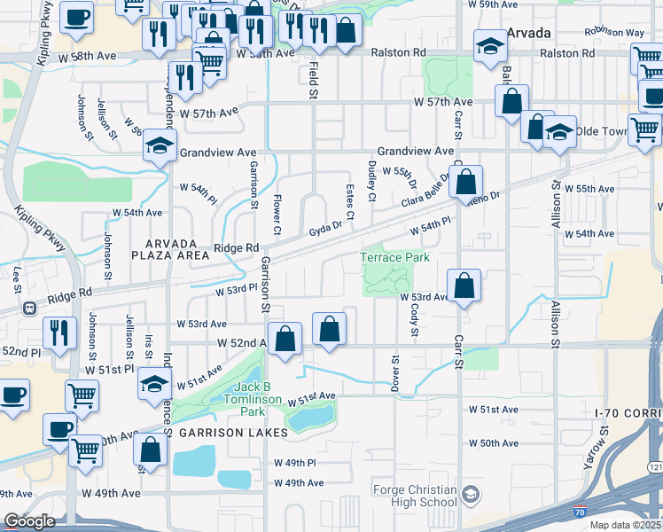 map of restaurants, bars, coffee shops, grocery stores, and more near 5353 Field Street in Arvada