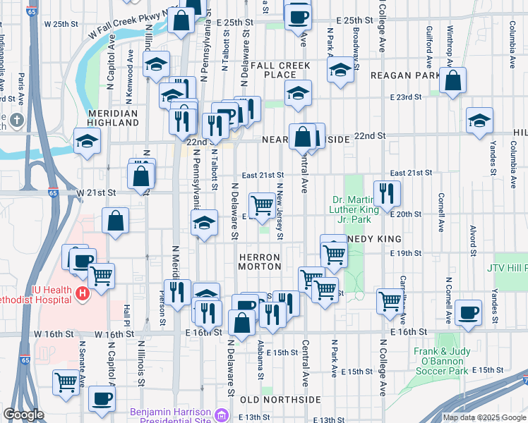 map of restaurants, bars, coffee shops, grocery stores, and more near 1930 North Alabama Street in Indianapolis