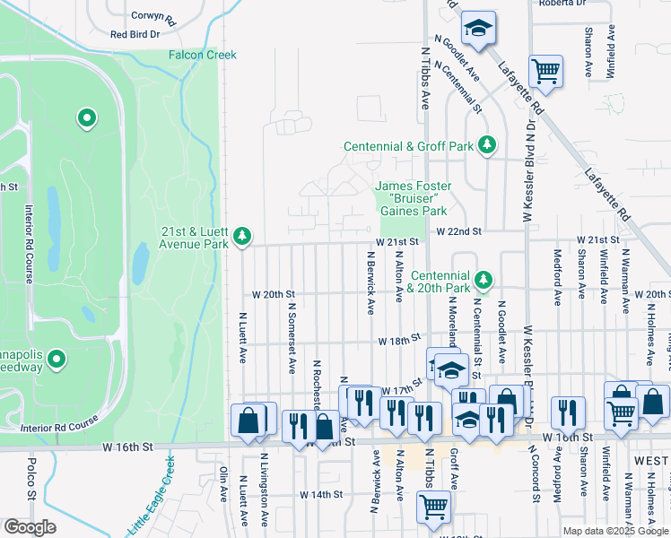 map of restaurants, bars, coffee shops, grocery stores, and more near 2004 North Exeter Avenue in Indianapolis