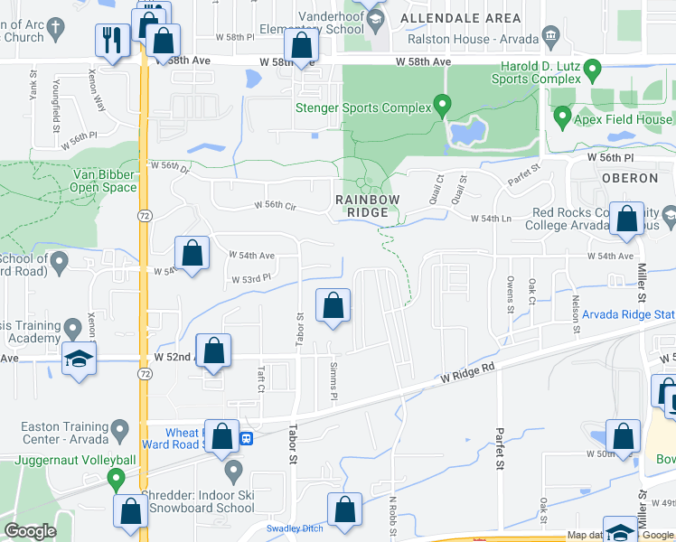 map of restaurants, bars, coffee shops, grocery stores, and more near 11766 West 53rd Place in Arvada