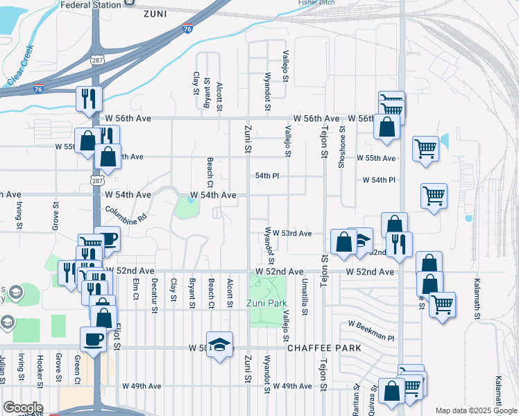 map of restaurants, bars, coffee shops, grocery stores, and more near 5321 Wyandot Street in Denver