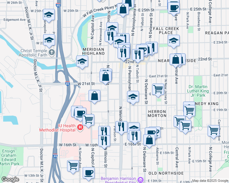 map of restaurants, bars, coffee shops, grocery stores, and more near 2020 North Meridian Street in Indianapolis