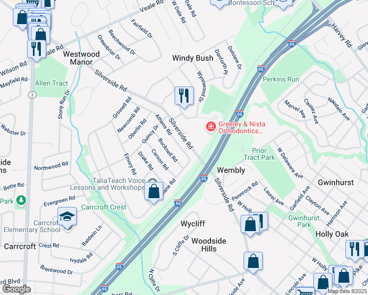 map of restaurants, bars, coffee shops, grocery stores, and more near 1413 Athens Road in Wilmington