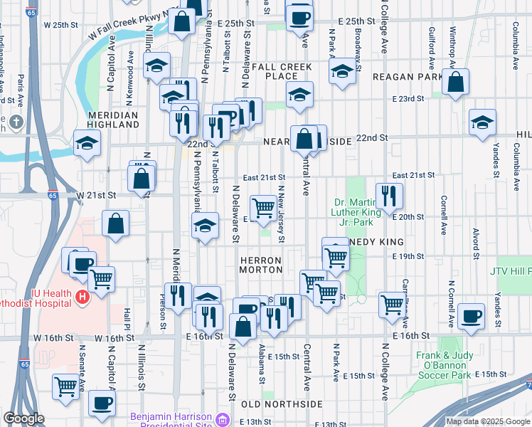 map of restaurants, bars, coffee shops, grocery stores, and more near 1930 North Alabama Street in Indianapolis