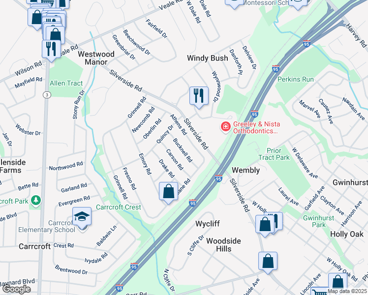 map of restaurants, bars, coffee shops, grocery stores, and more near 1410 Bucknell Road in Wilmington