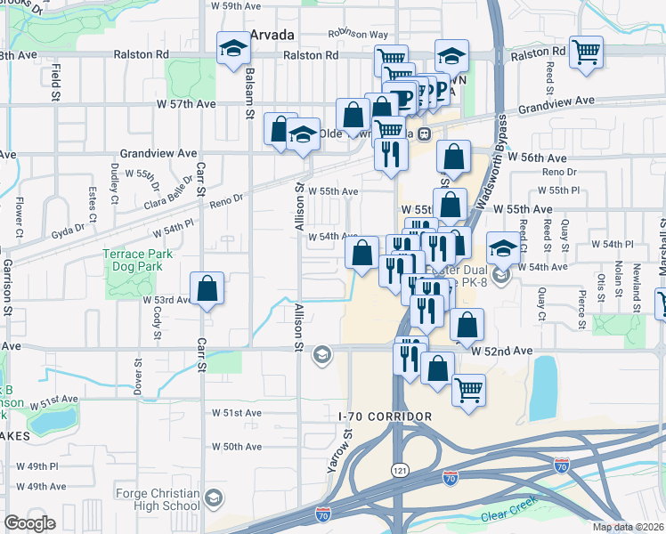 map of restaurants, bars, coffee shops, grocery stores, and more near 5352 Allison Street in Arvada