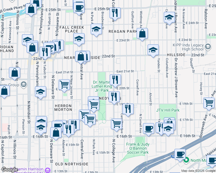 map of restaurants, bars, coffee shops, grocery stores, and more near 1939 North College Avenue in Indianapolis