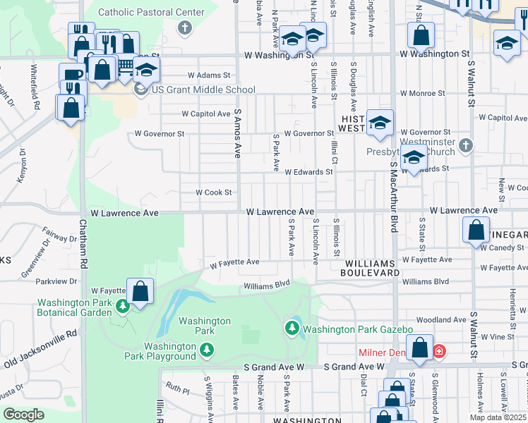 map of restaurants, bars, coffee shops, grocery stores, and more near 799 South Columbia Avenue in Springfield
