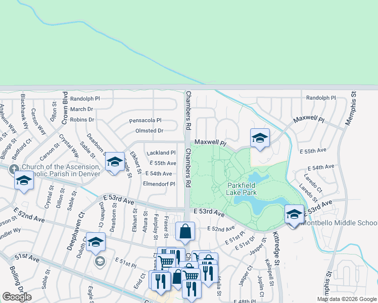 map of restaurants, bars, coffee shops, grocery stores, and more near 5372 Chambers Road in Denver