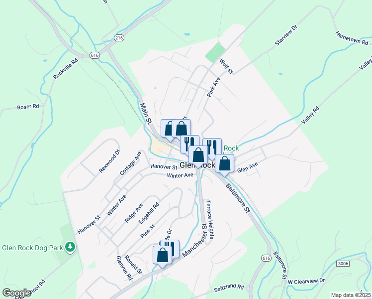 map of restaurants, bars, coffee shops, grocery stores, and more near 39 Main Street in Glen Rock